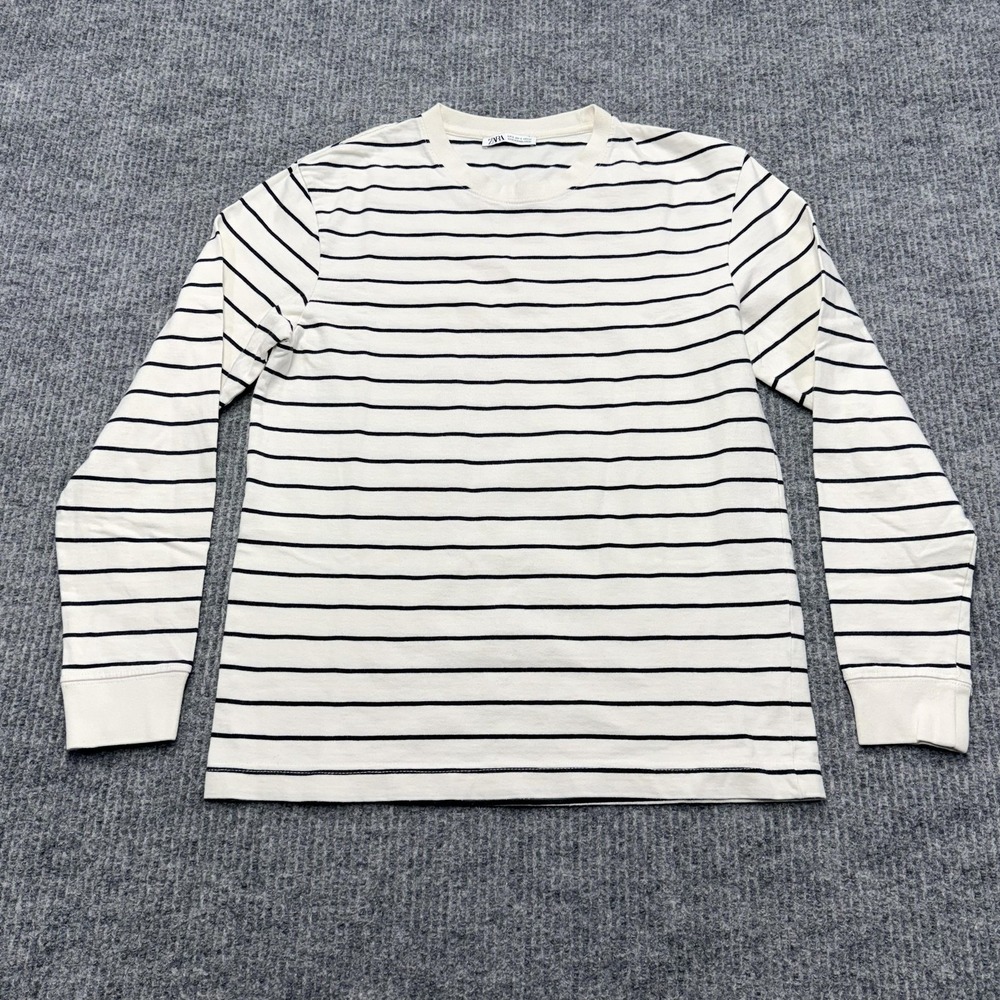 Zara Shirt Mens Small White Navy Striped Long Sleeve Crew Neck Cotton Tee